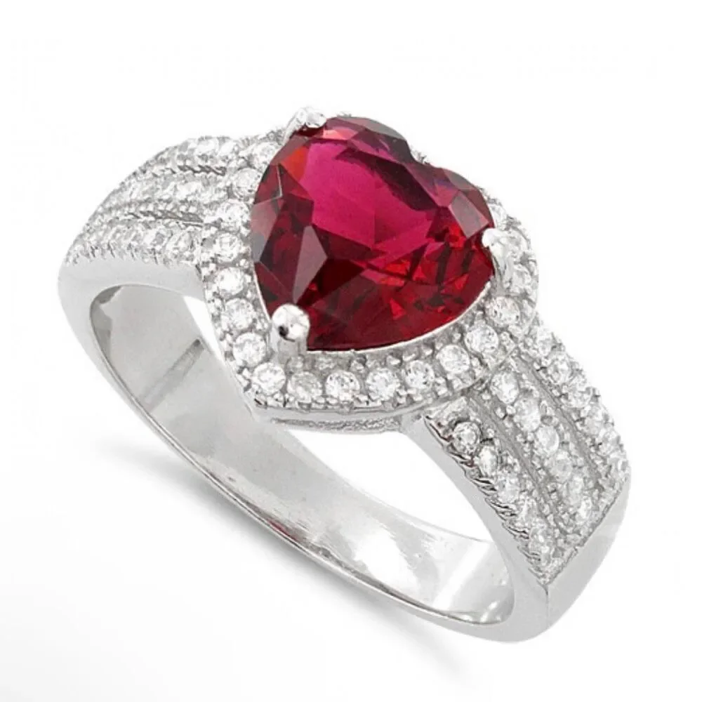 925 Sterling Silver Red Ruby Heart Ring CZ Halo Triple Band Wedding Promise Ring